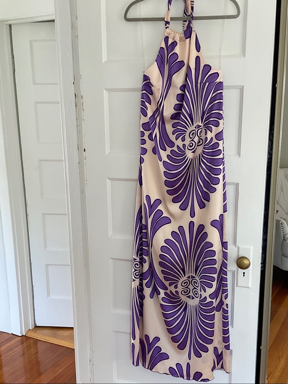 Dejavu cream and Purple Halter Maxi Dress Greek Small resortwear